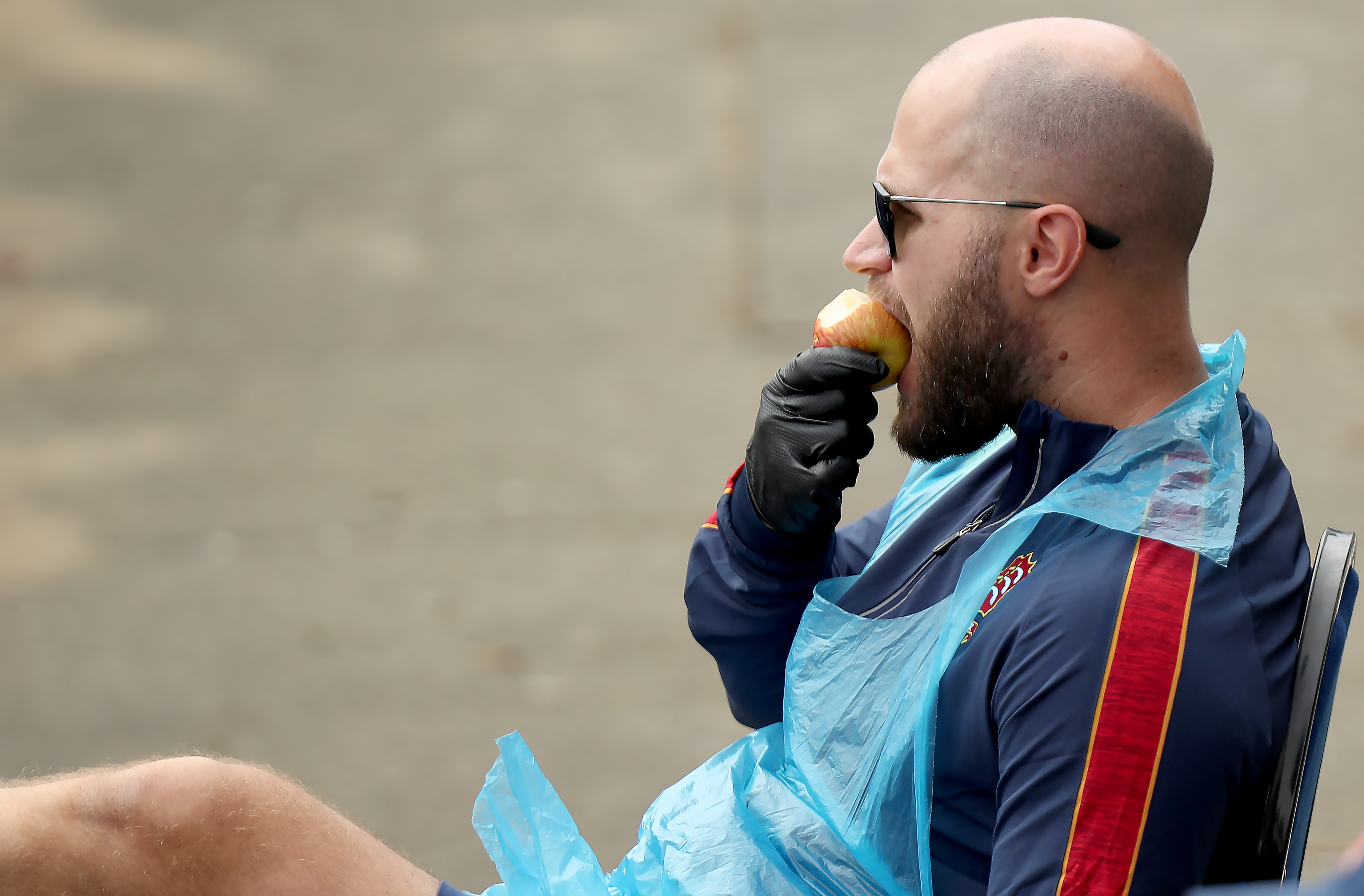 Full PPE for Essex Lead Physiotherapist Chris Clarke-irons whilst apple munching during Essex vs Middlesex in the Bob Willis Trophy at The Cloudfm County Ground on 7 September.