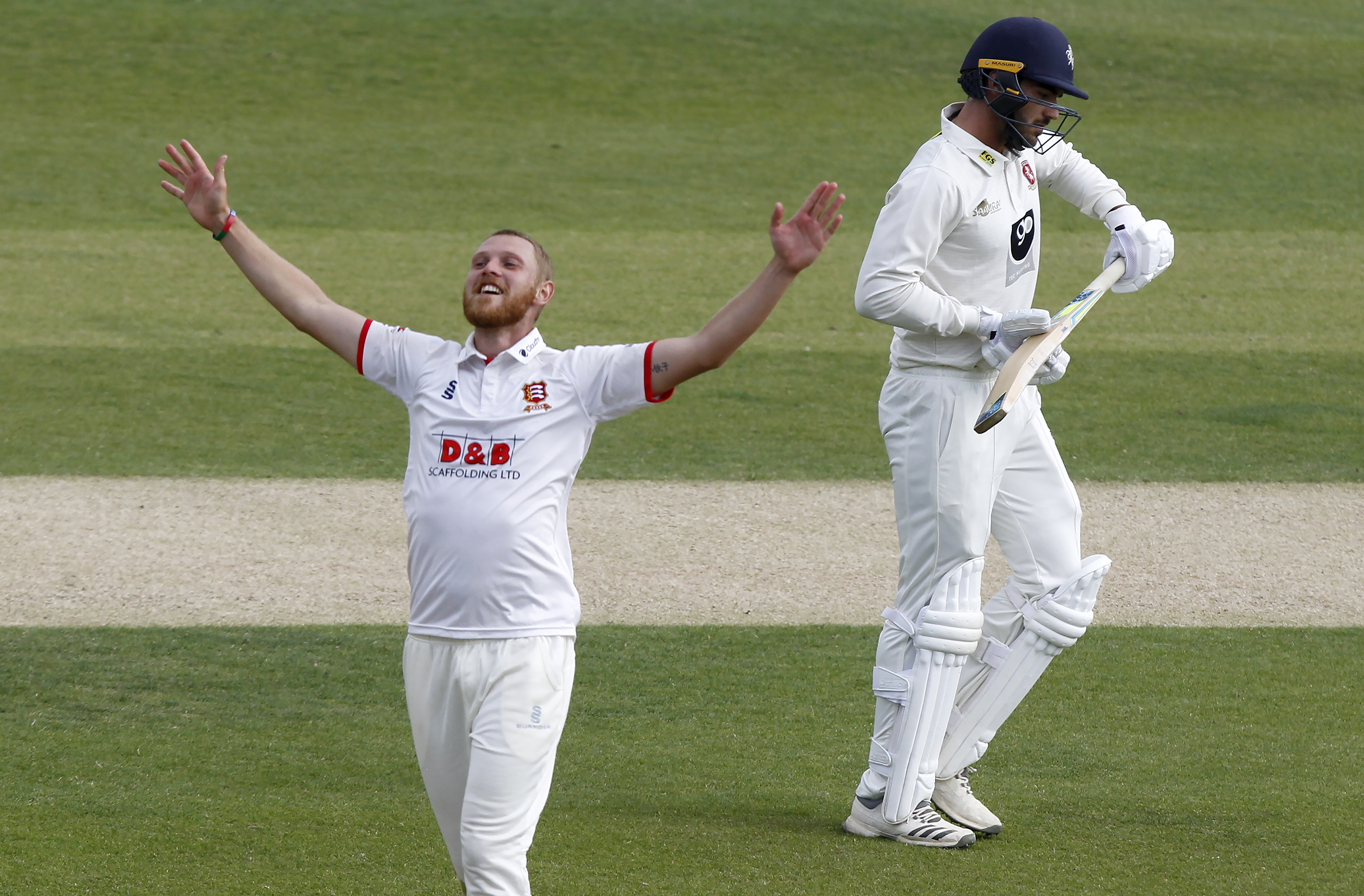 Jamie Porter of Essex celebrates taking the wicket of Grant Stewart during Essex vs Kent in the Bob Willis Trophy at The Cloudfm County Ground on 3rd August 2020