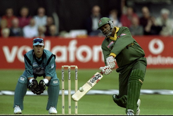17 May 1999:  Hasibul Hussain of Bangladesh hits Gavin Larsen of New Zealand for six runs during the Cricket World Cup Group B match played at Chelmsford, England. New Zealand won the game by 6 wickets.  Mandatory Credit: Mike Hewitt /Allsport