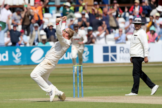 Simon Harmer of Essex celebrates taking the wicket of Keith Barker to win the match during Essex CCC vs Hampshire CCC, LV Insurance County Championship Division 1 Cricket at The Cloud County Ground on 28th June 2022